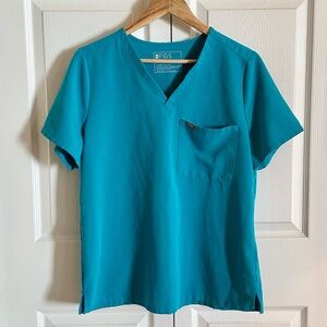 Figs Teal Short Sleeve V-Neck Scrubs Medical Top